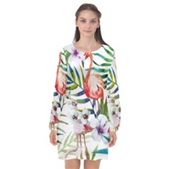 Tropical Flamingo Long Sleeve Chiffon Shift Dress  by goljakoff