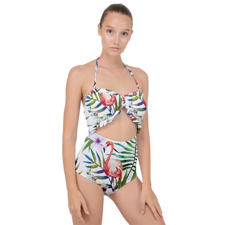 Tropical flamingo Scallop Top Cut Out Swimsuit