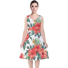 Red Flowers V-neck Midi Sleeveless Dress  by goljakoff