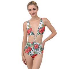 Red Flowers Tied Up Two Piece Swimsuit by goljakoff