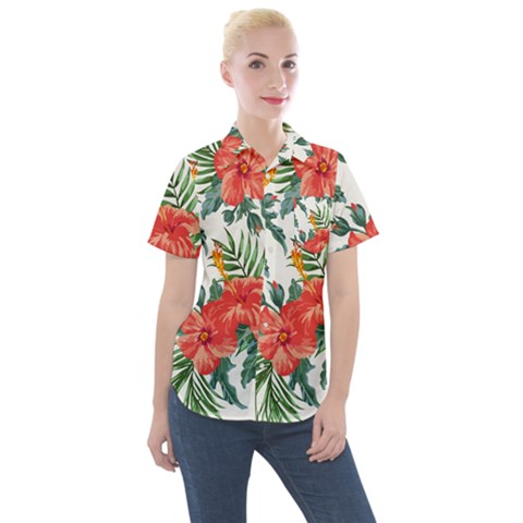 Red Flowers Women s Short Sleeve Pocket Shirt by goljakoff