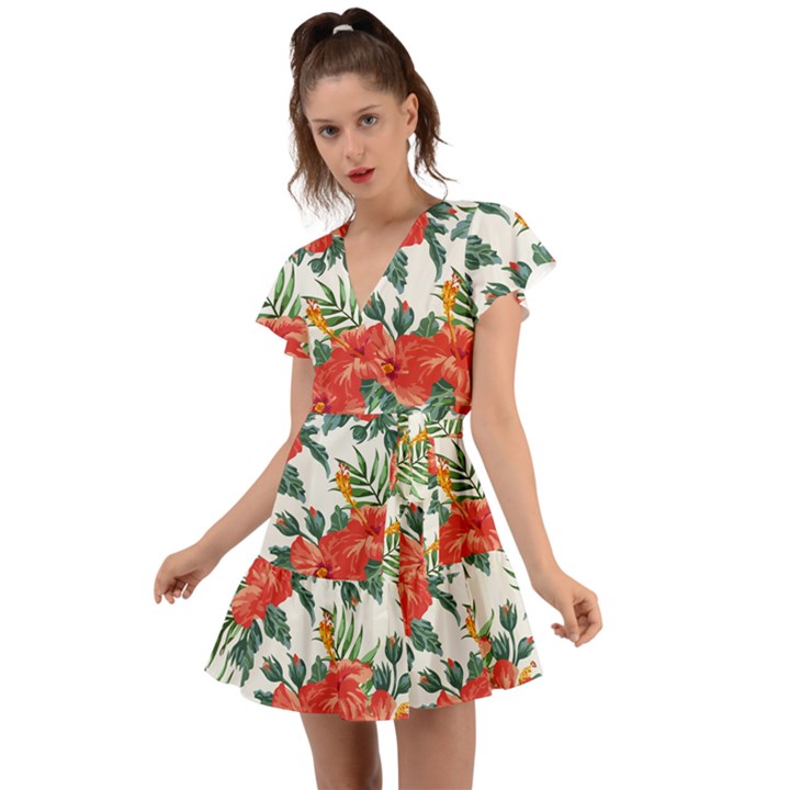 Red flowers Flutter Sleeve Wrap Dress