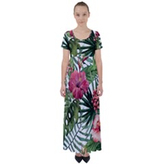 Monstera Flowers High Waist Short Sleeve Maxi Dress by goljakoff