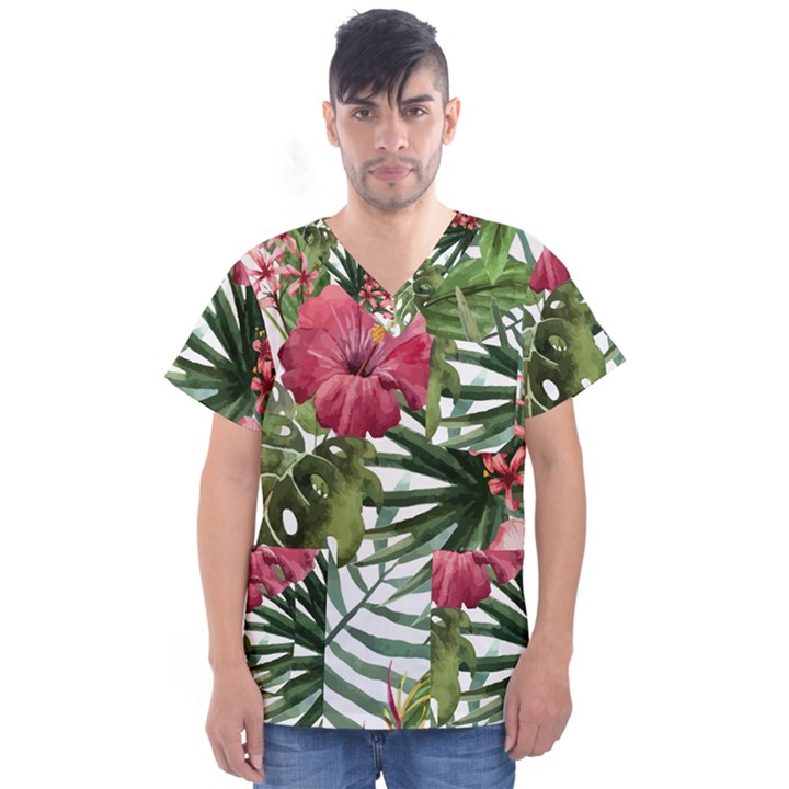 Monstera flowers Men s V-Neck Scrub Top