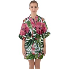 Monstera Flowers Half Sleeve Satin Kimono  by goljakoff