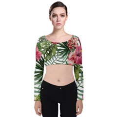 Monstera Flowers Velvet Long Sleeve Crop Top by goljakoff