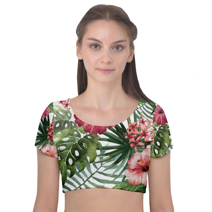 Monstera flowers Velvet Short Sleeve Crop Top 