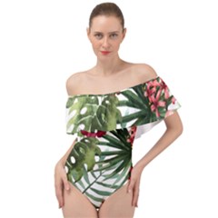 Monstera Flowers Off Shoulder Velour Bodysuit  by goljakoff