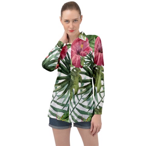 Monstera Flowers Long Sleeve Satin Shirt by goljakoff