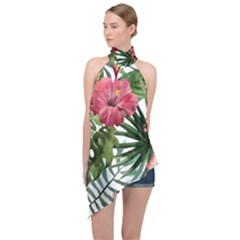 Monstera Flowers Halter Asymmetric Satin Top by goljakoff