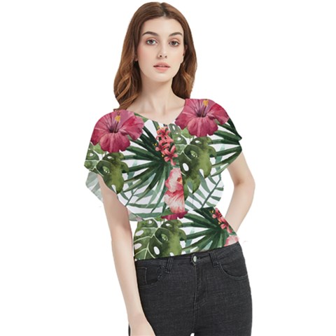 Monstera Flowers Butterfly Chiffon Blouse by goljakoff