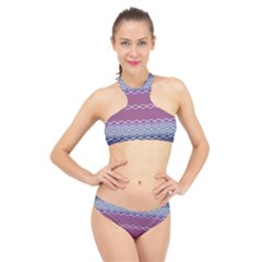 Purple Blue And White Aztec High Neck Bikini Set by FloraaplusDesign