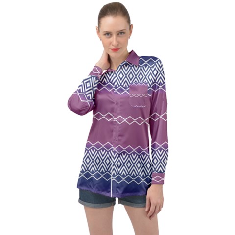 Purple Blue And White Aztec Long Sleeve Satin Shirt by FloraaplusDesign