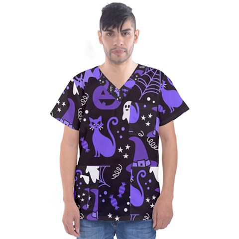 Halloween Party Seamless Repeat Pattern  Men s V-neck Scrub Top by KentuckyClothing