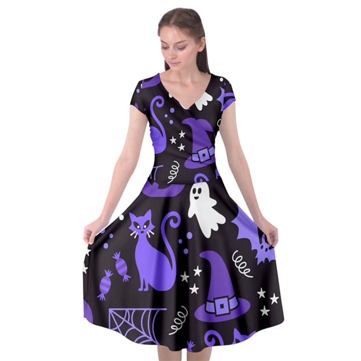 Halloween Party Seamless Repeat Pattern  Cap Sleeve Wrap Front Dress