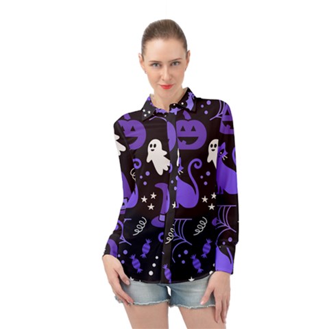 Halloween Party Seamless Repeat Pattern  Long Sleeve Chiffon Shirt by KentuckyClothing