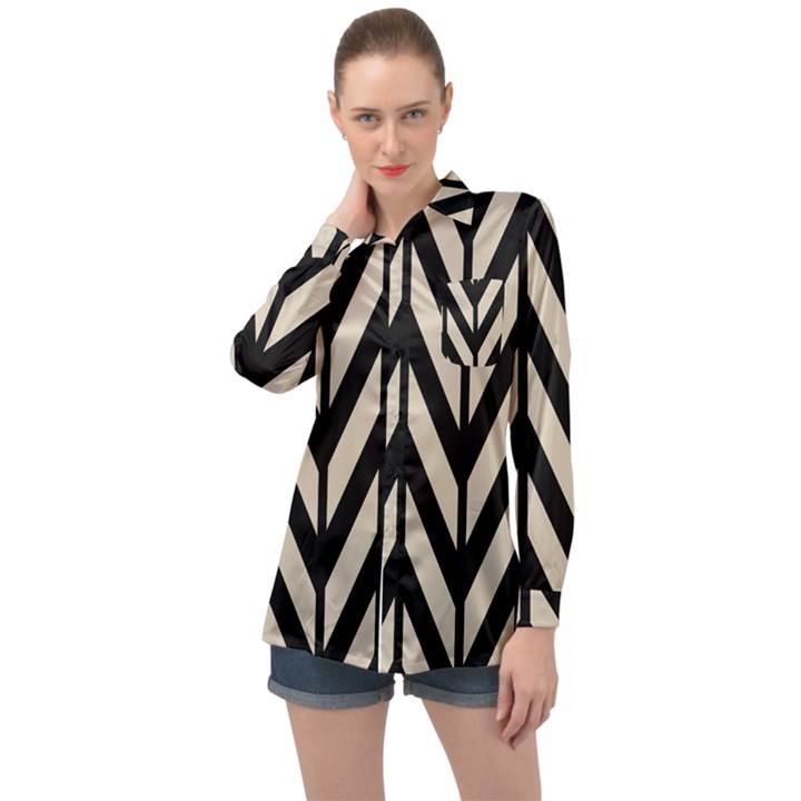 Chevrons Beige/Noir Long Sleeve Satin Shirt