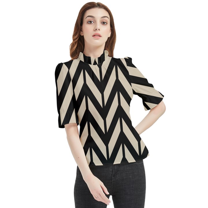 Chevrons Beige/Noir Frill Neck Blouse