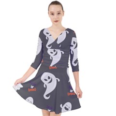 Halloween Ghost Trick Or Treat Seamless Repeat Pattern Quarter Sleeve Front Wrap Dress