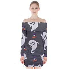 Halloween Ghost Trick Or Treat Seamless Repeat Pattern Long Sleeve Off Shoulder Dress by KentuckyClothing