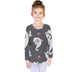 Halloween Ghost Trick Or Treat Seamless Repeat Pattern Kids  Long Sleeve Tee