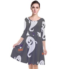 Halloween Ghost Trick Or Treat Seamless Repeat Pattern Quarter Sleeve Waist Band Dress by KentuckyClothing