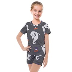 Halloween Ghost Trick Or Treat Seamless Repeat Pattern Kids  Mesh Tee And Shorts Set