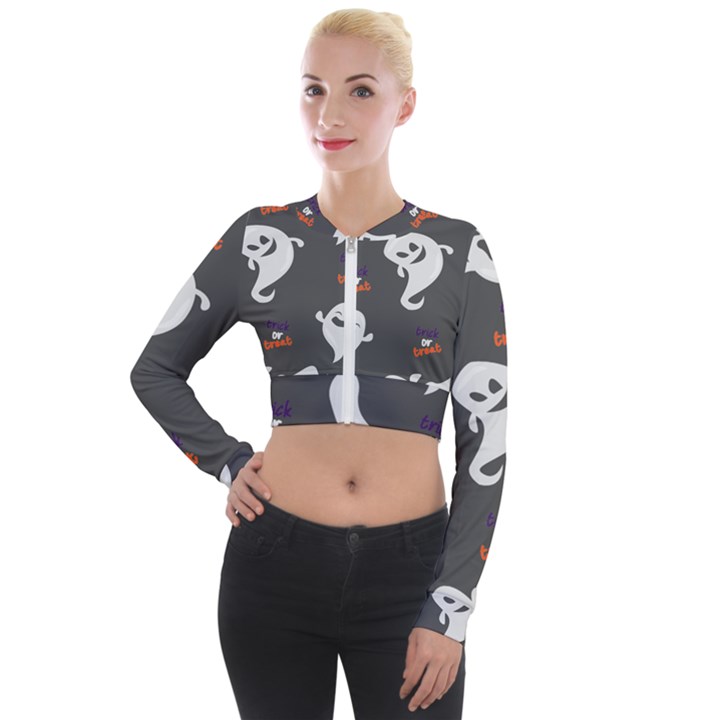 Halloween Ghost Trick or Treat Seamless Repeat Pattern Long Sleeve Cropped Velvet Jacket