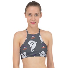 Halloween Ghost Trick Or Treat Seamless Repeat Pattern Racer Front Bikini Top