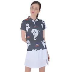 Halloween Ghost Trick Or Treat Seamless Repeat Pattern Women s Polo Tee