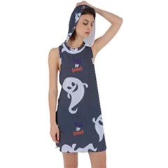 Halloween Ghost Trick Or Treat Seamless Repeat Pattern Racer Back Hoodie Dress by KentuckyClothing