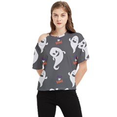 Halloween Ghost Trick Or Treat Seamless Repeat Pattern One Shoulder Cut Out Tee by KentuckyClothing