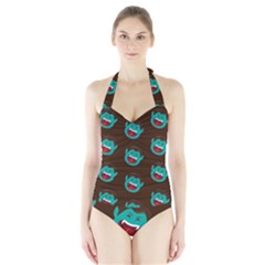 Frankenstein Halloween Seamless Repeat Pattern  Halter Swimsuit by KentuckyClothing