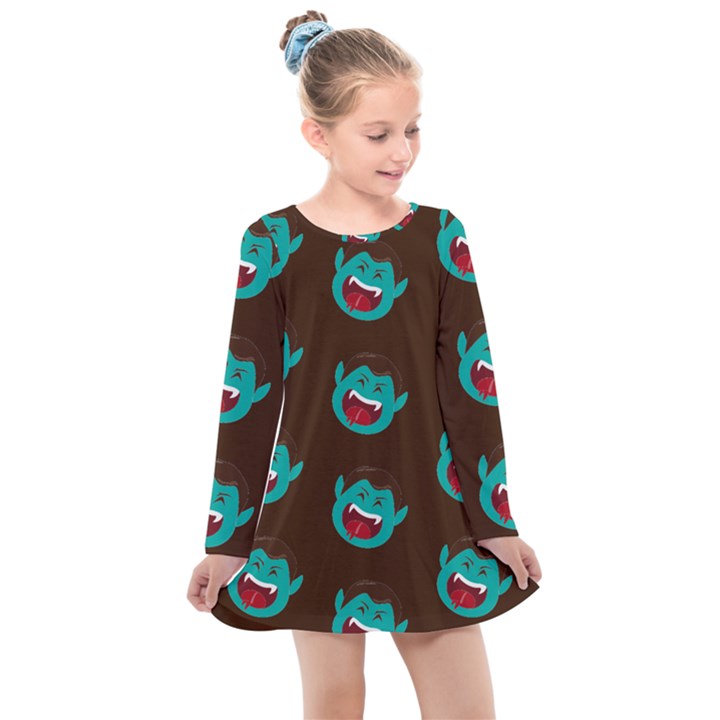 Frankenstein Halloween Seamless Repeat Pattern  Kids  Long Sleeve Dress