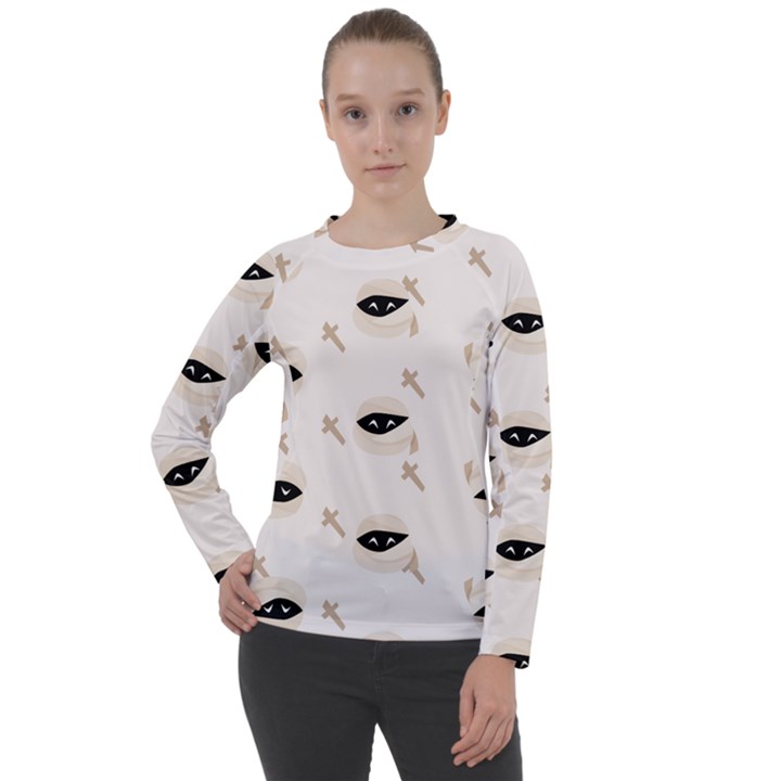 Halloween Mummies Seamless Repeat Pattern Women s Long Sleeve Raglan Tee