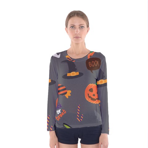 Halloween Themed Seamless Repeat Pattern Women s Long Sleeve Tee by KentuckyClothing