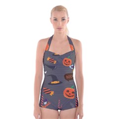 Halloween Themed Seamless Repeat Pattern Boyleg Halter Swimsuit  by KentuckyClothing