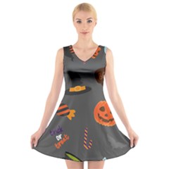 Halloween Themed Seamless Repeat Pattern V-neck Sleeveless Dress by KentuckyClothing