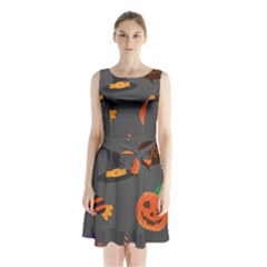 Halloween Themed Seamless Repeat Pattern Sleeveless Waist Tie Chiffon Dress by KentuckyClothing