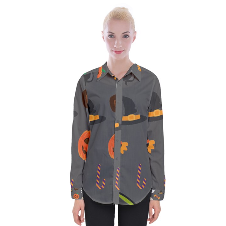 Halloween Themed Seamless Repeat Pattern Womens Long Sleeve Shirt