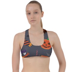 Halloween Themed Seamless Repeat Pattern Criss Cross Racerback Sports Bra by KentuckyClothing