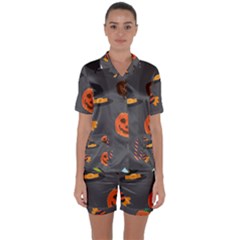 Halloween Themed Seamless Repeat Pattern Satin Short Sleeve Pyjamas Set by KentuckyClothing