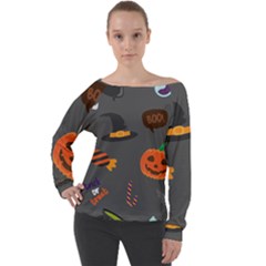 Halloween Themed Seamless Repeat Pattern Off Shoulder Long Sleeve Velour Top by KentuckyClothing