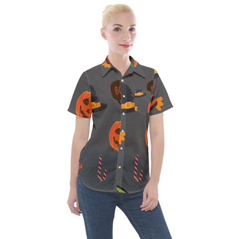 Halloween Themed Seamless Repeat Pattern Women s Short Sleeve Pocket Shirt by KentuckyClothing