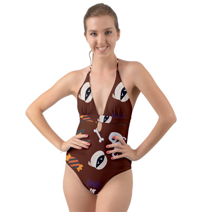 Halloween Seamless Repeat Pattern Halter Cut-Out One Piece Swimsuit