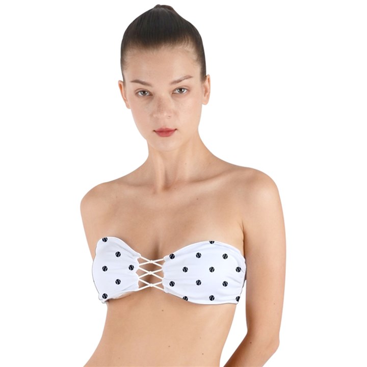 Black And White Baseball Print Pattern Twist Bandeau Bikini Top