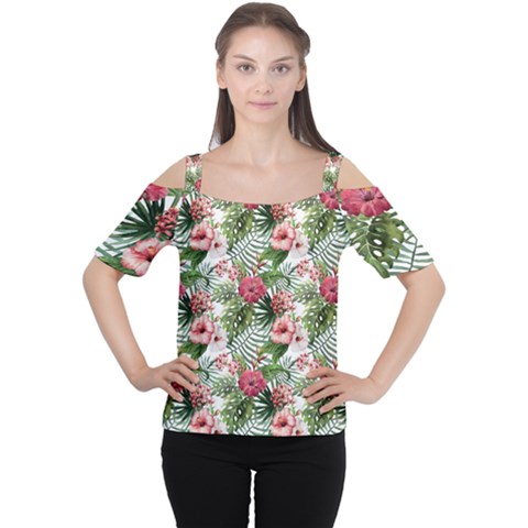 Monstera Flowers Pattern Cutout Shoulder Tee by goljakoff