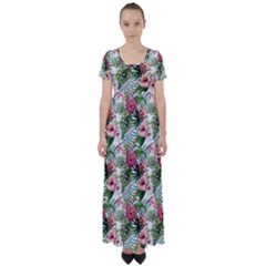 Monstera Flowers Pattern High Waist Short Sleeve Maxi Dress by goljakoff