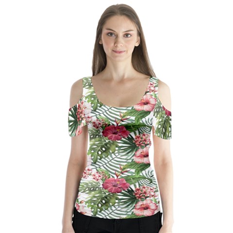 Monstera Flowers Pattern Butterfly Sleeve Cutout Tee  by goljakoff