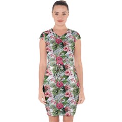 Monstera Flowers Pattern Capsleeve Drawstring Dress  by goljakoff